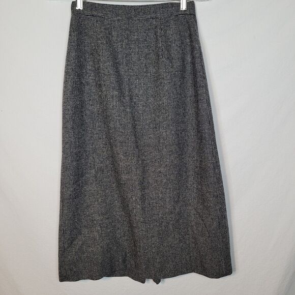 VTG Mini Houndstooth Back Pleat Gray Wool Midi Skirt Size 4 Jos A Bank Clothiers - Picture 1 of 6